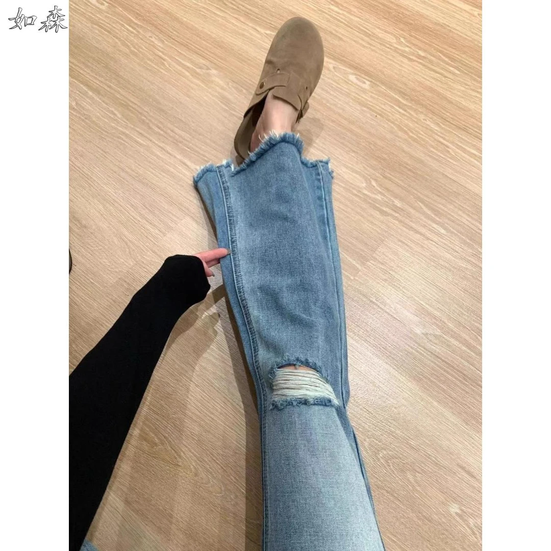 毛边破洞微喇牛仔裤女春季新款大码胖mm高腰显瘦梨形身材喇叭长裤