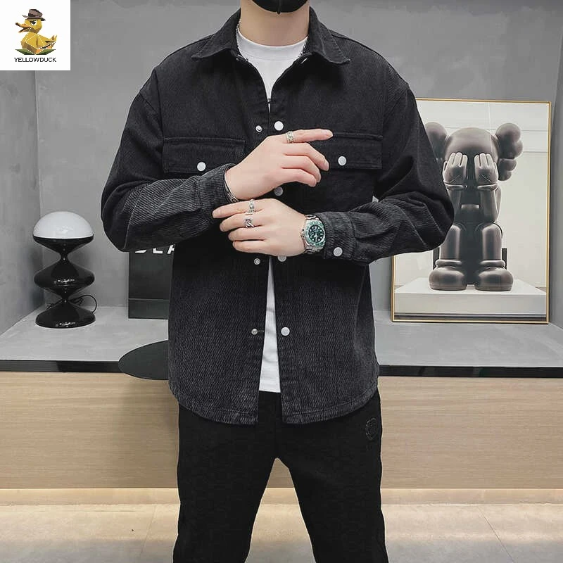 春秋季翻领渐变水洗牛仔夹克外套男青少年中学生潮流帅气休闲上衣