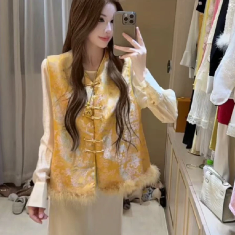 551【烟雨楼台】春款中式缎面毛边马甲 衣长58