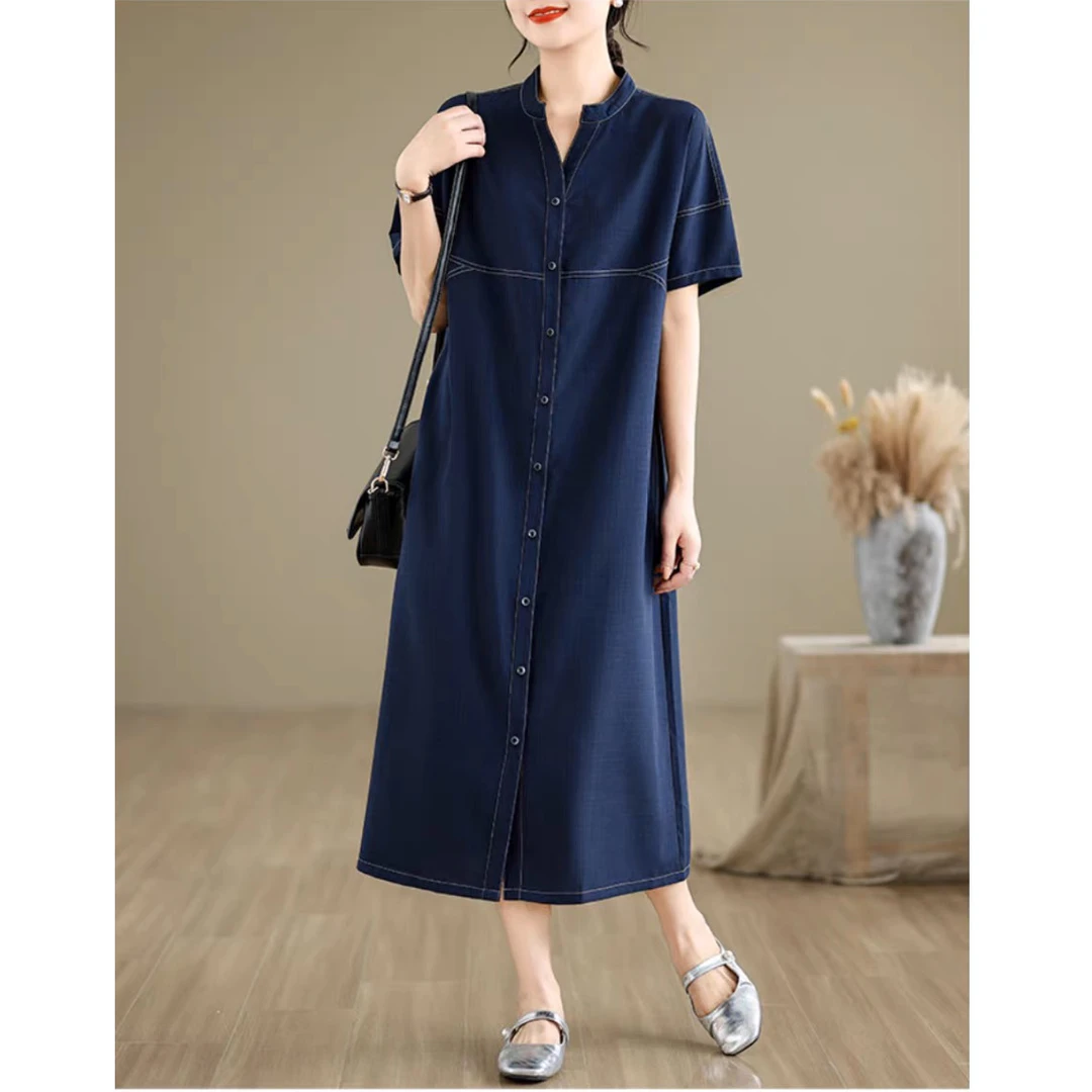 设计2025夏季亚麻棉混纺复古A字中长裙仿牛仔V领短袖连衣裙女