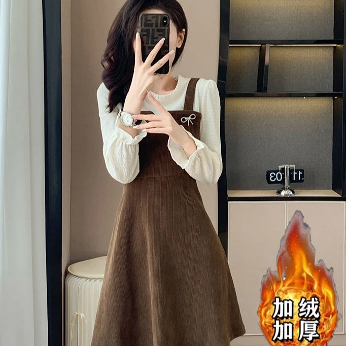 （现货清货）1大码秋冬新款假两件背带连衣裙灯芯绒长袖拼接裙1412