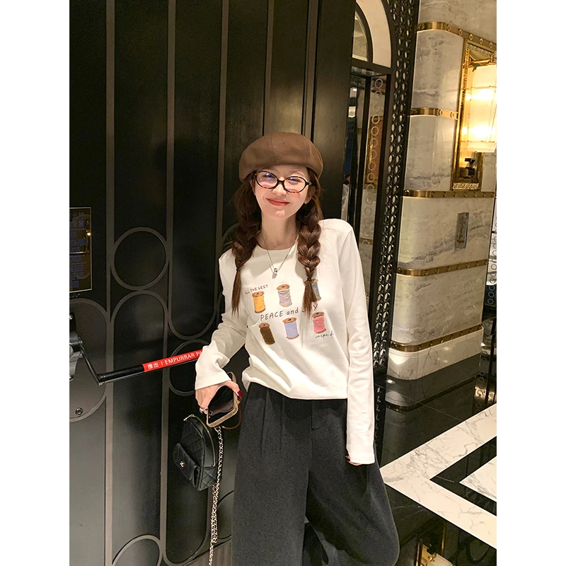 杨杨YANGRUOYU 1/6【绒绒线团】绳绣设计短袖T恤女韩版百搭长袖衫