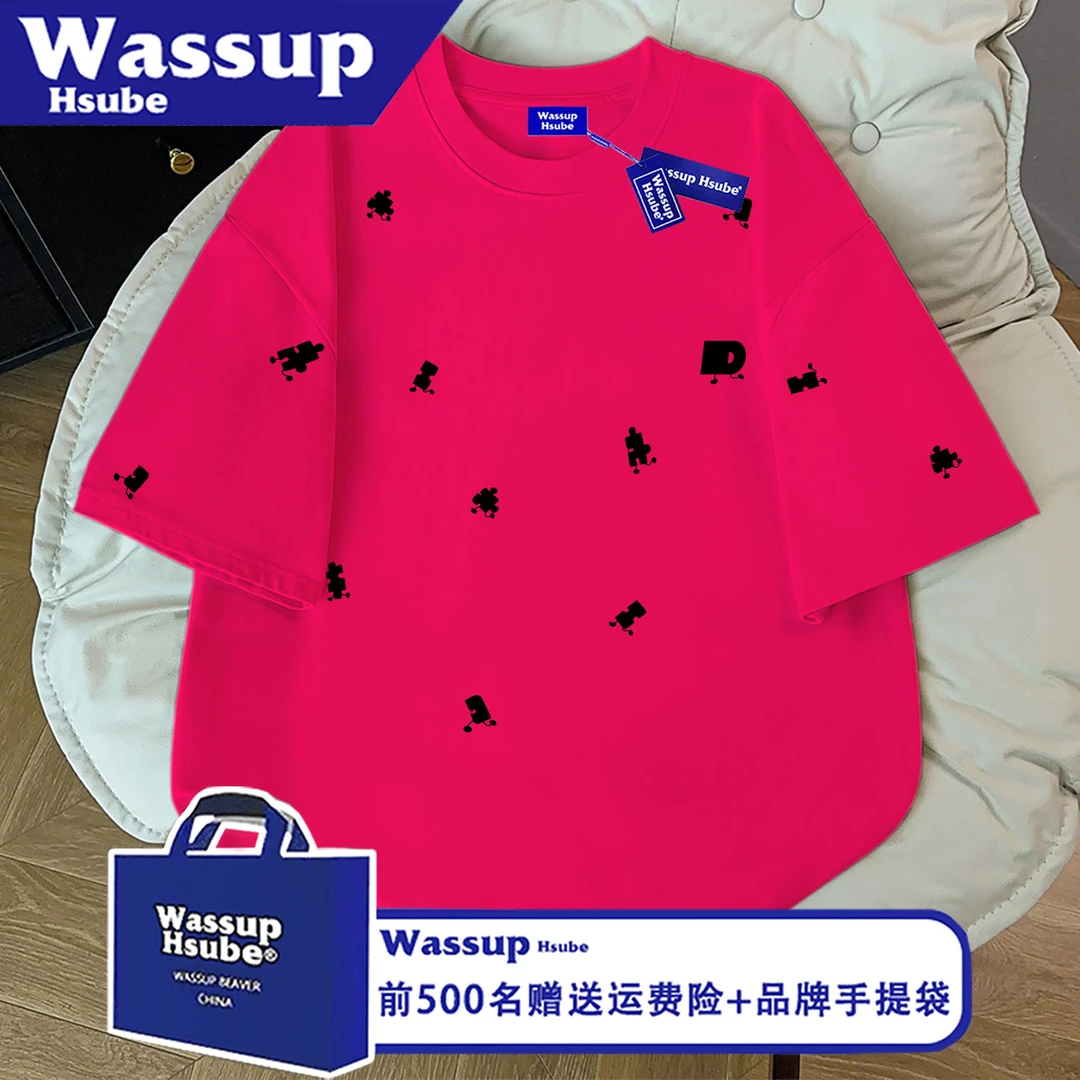 WASSUP HSUBE潮牌趣味涂鸦字母印花短袖男女宽松纯棉百搭半袖上衣