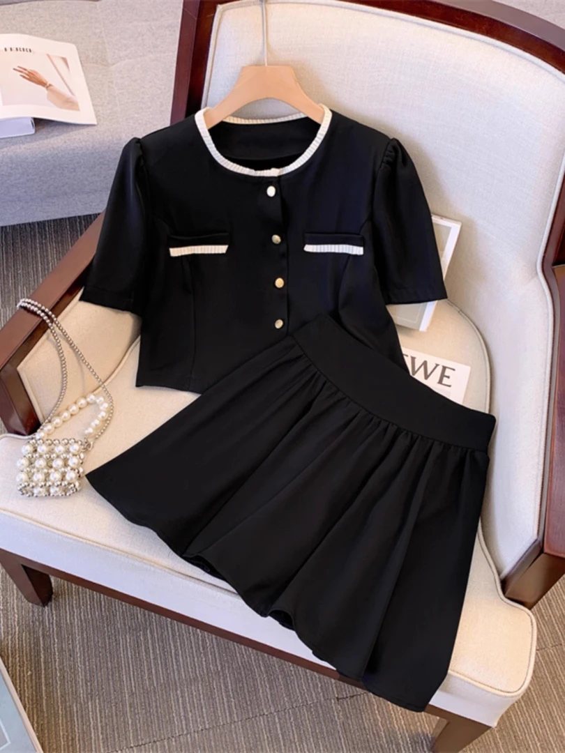 大码女装2025夏季新款胖mm遮肉显瘦套装洋气短袖上衣半身裙两件套