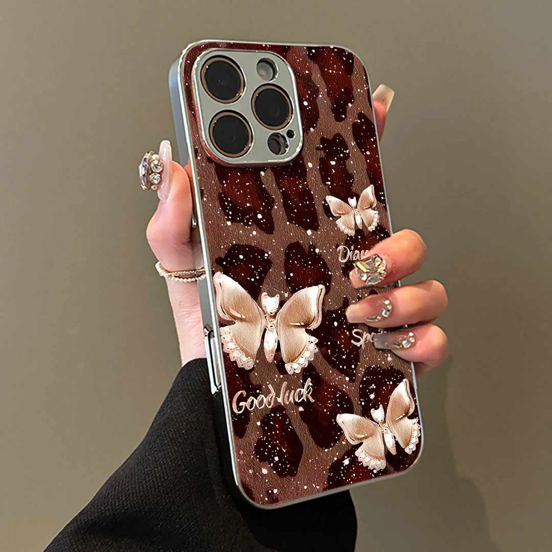 适用苹果17手机壳iphone16pro新款全包防摔15promax豹纹蝴蝶小众