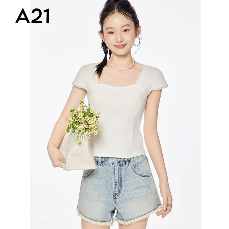 A21女装美式复古蕾丝边修身方领T恤上衣F452231073