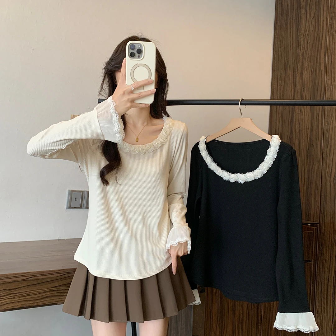 清韩系温柔风气质打底衫大码女装2025秋季花瓣领长袖T恤上衣64196