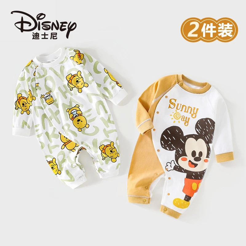 新生儿纯棉无骨连体衣迪士尼正品薄款春秋长袖衣服哈衣爬服两件装