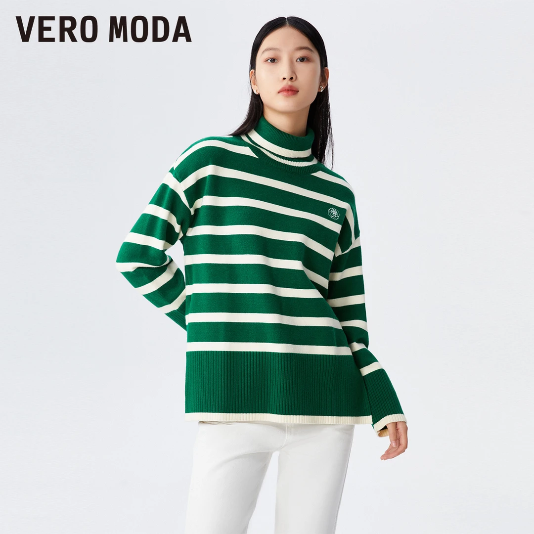 【茉茉专属】Vero Moda针织衫女百搭条纹宽松落肩高领时尚323113017