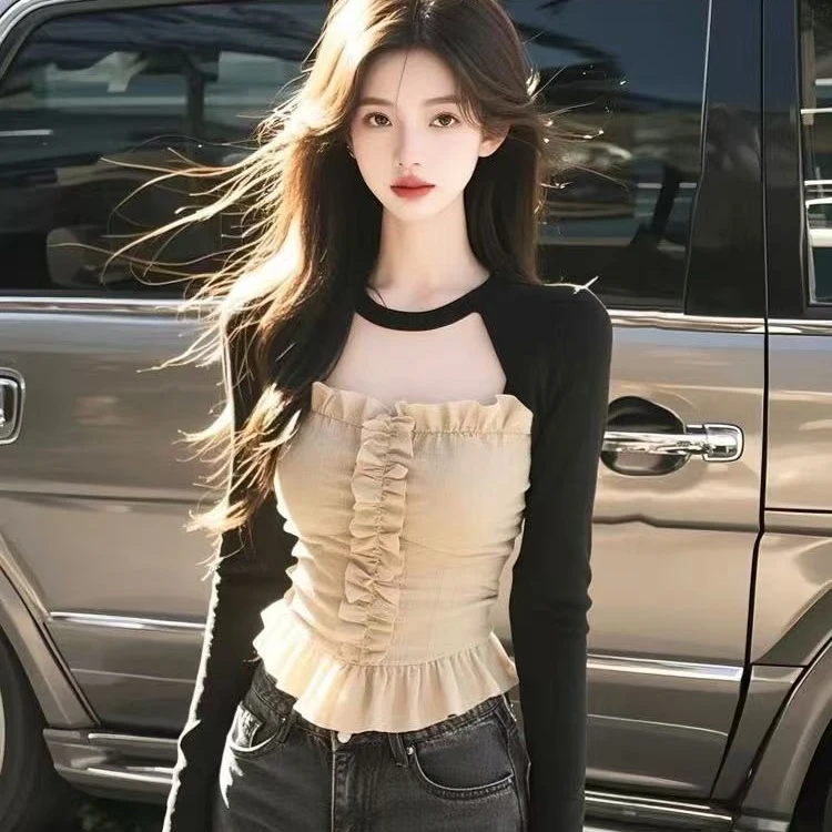 高级感圆领设计感长袖T恤女春季独特漂亮镂空花边别致独特上衣ins