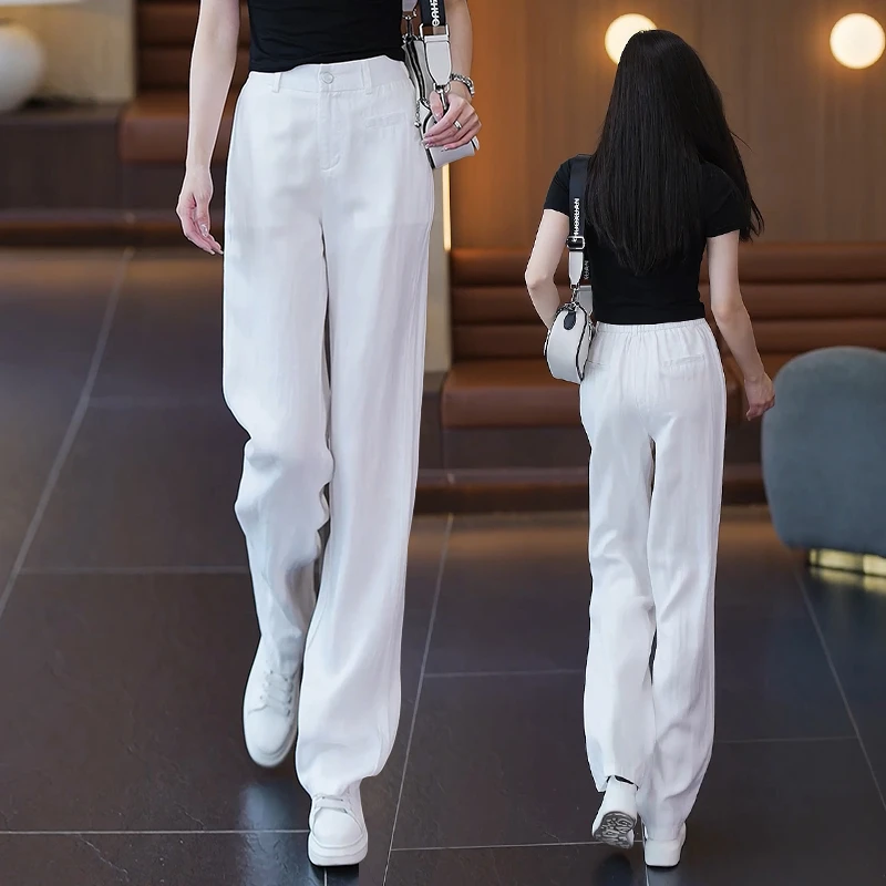 浅色休闲阔腿裤女2025年夏季新款爆款大码裤子后腰松紧宽松直筒裤
