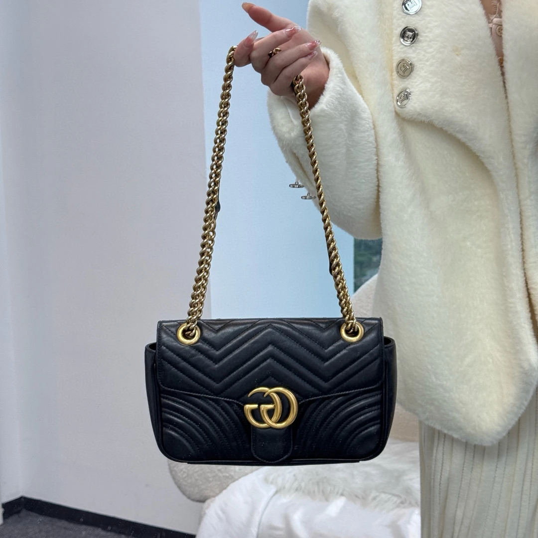 95新 GUCCI/古驰 gucci黑金马蒙链条单肩斜挎包
