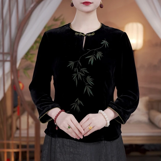 100%桑蚕丝】高端钉珠定钻手绘真丝绒上衣长袖女士秋装891831