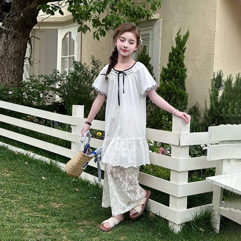 女童白色娃娃衫连衣裙套装新款中大童蕾丝裙裤韩系叠穿时尚两件套