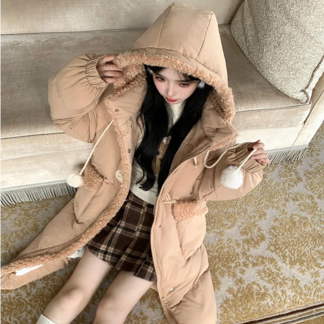 Blovelan【现货】绒绒暖茶 雪球牛角扣连帽90白鸭绒卡其保暖羽绒服
