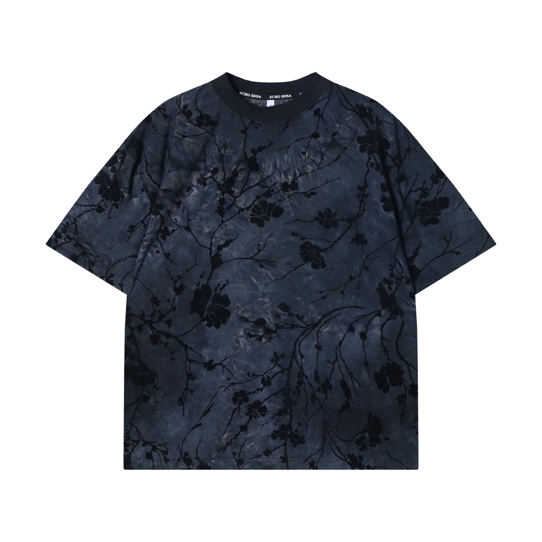 夏季高级感新款美式撞色晕染印花圆领短袖T恤百搭潮流套头上衣