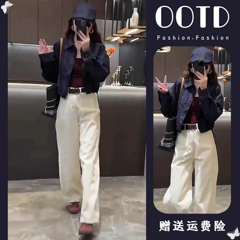 春季穿搭一整套复古港味设计感明线单排扣polo领衬衫阔腿裤套装潮