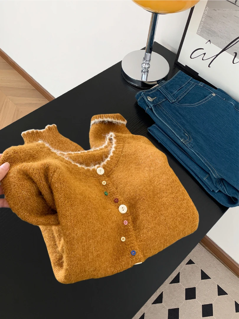 韩系复古设计感彩色纽扣毛衣外套女秋冬慵懒软糯撞色针织开衫上衣