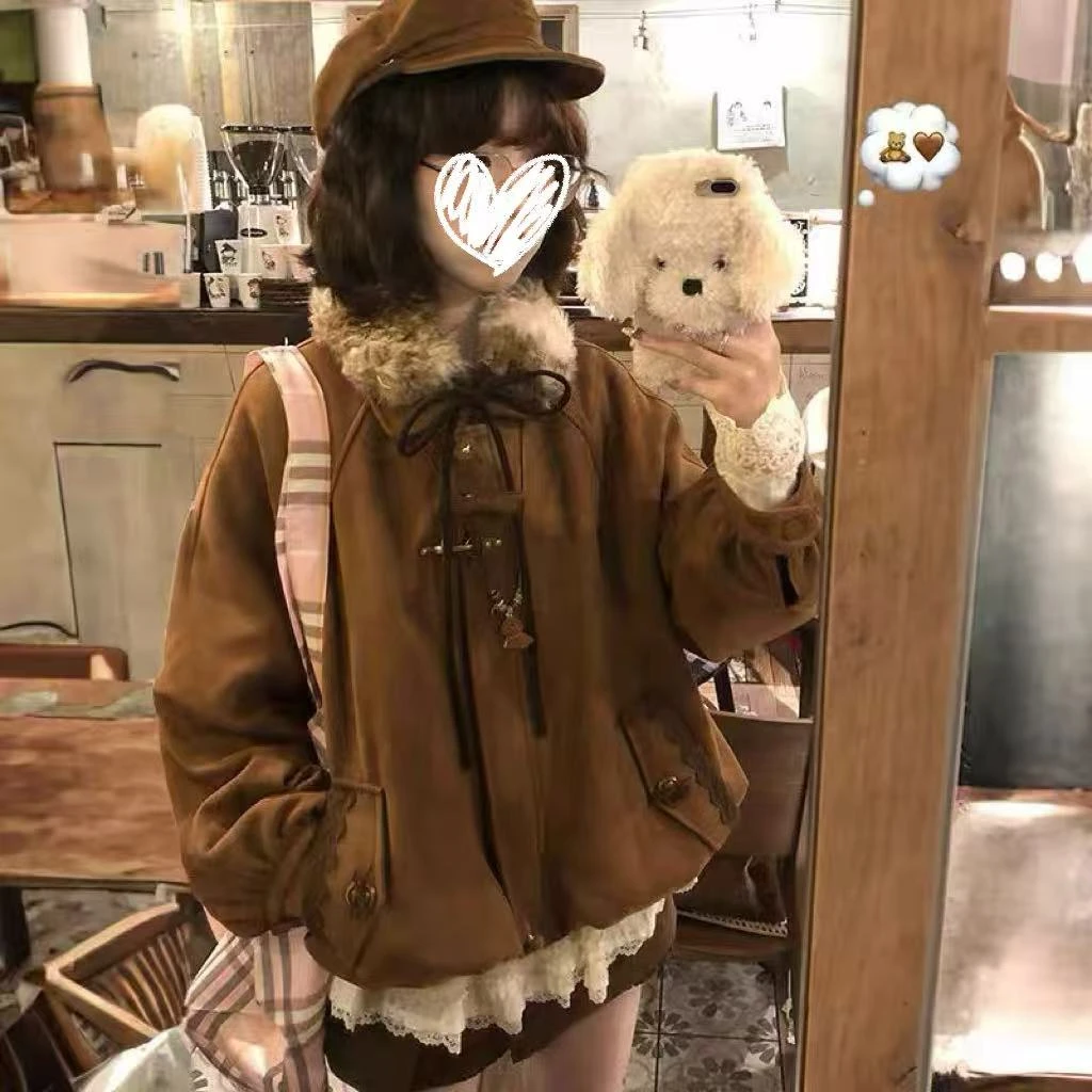 新款毛领秋冬季美式时尚套装女复古短外套毛绒大衣上衣韩版套装