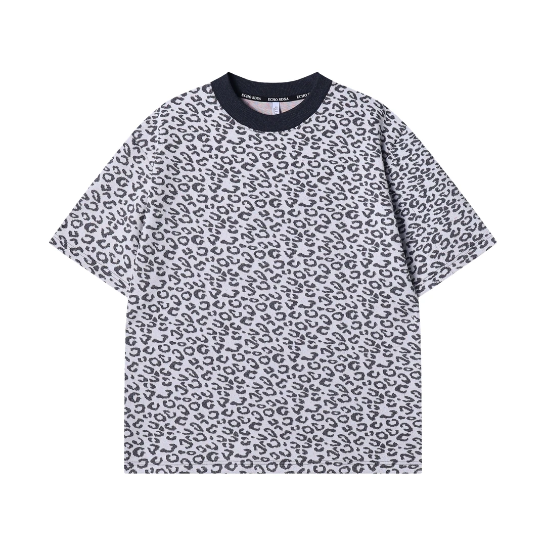 夏季高级感新款潮牌撞色豹纹圆领短袖T恤时尚休闲男士满印上衣