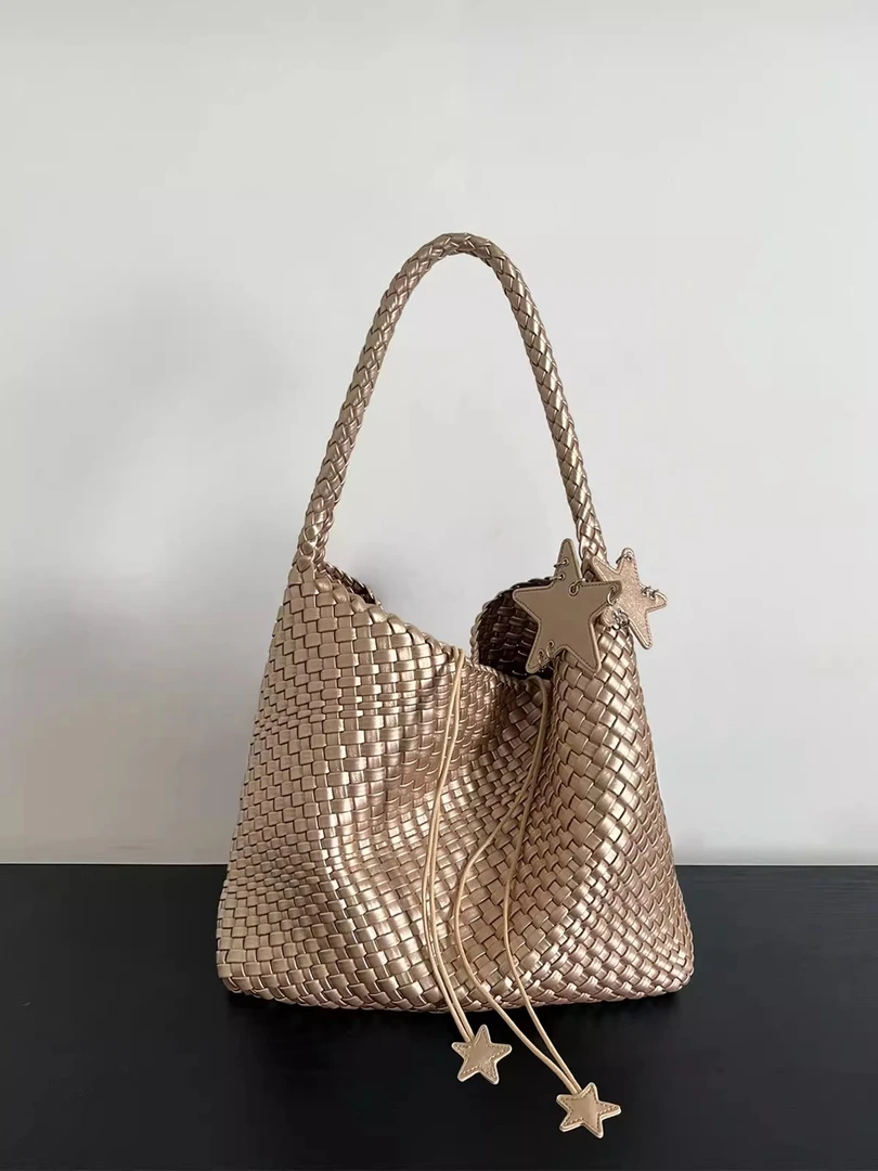 枪枪同款香槟色编织托特包包女大容量大包高级感手提单肩水桶包