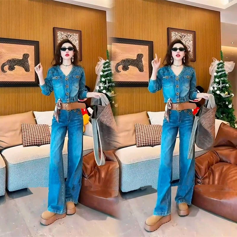 欧洲站套装2025秋季新款气质休闲显瘦衣服减龄牛仔V领两件套洋气