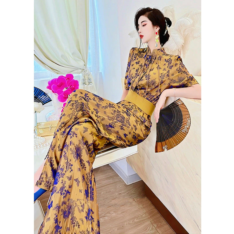 复古新中式夏季新款印花上衣高腰阔腿裤两件套轻奢女碎花时尚套装