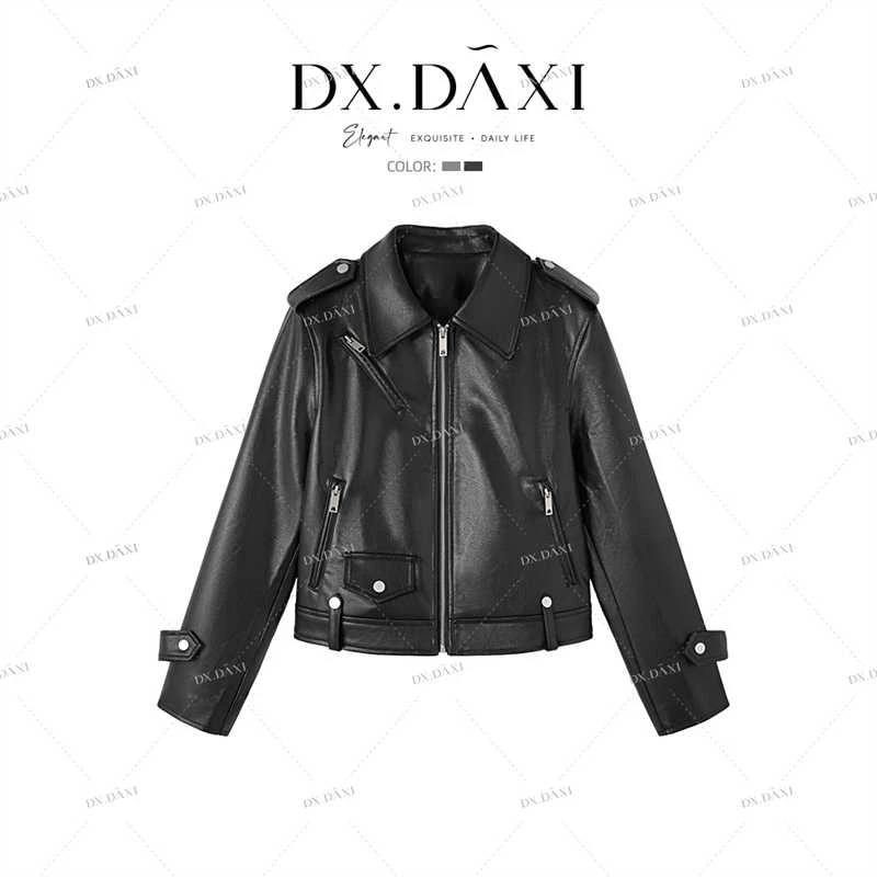 DX.DAXI【黑巧女孩】英伦风黑色皮衣