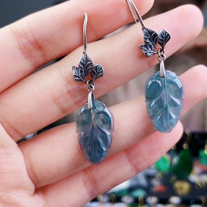 翡翠耳饰银S925镶嵌饰品