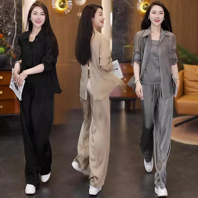 时尚洋气防晒衬衣套装女夏2025年夏季新款冰丝垂感阔腿裤两件套潮