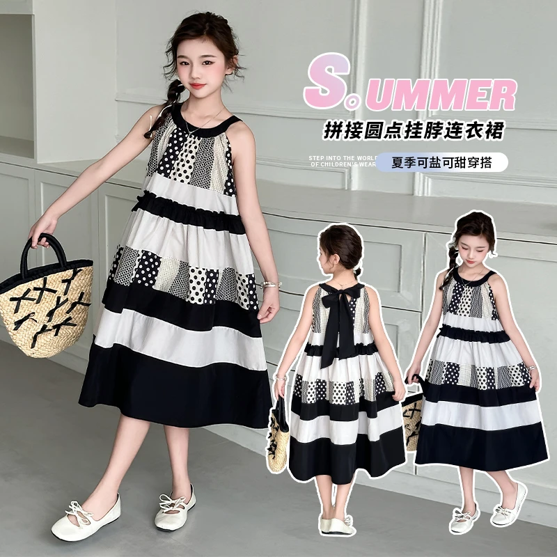 女童夏季甜美圆点拼接连衣裙中大童蝴蝶结时髦洋气挂脖裙9-12岁15