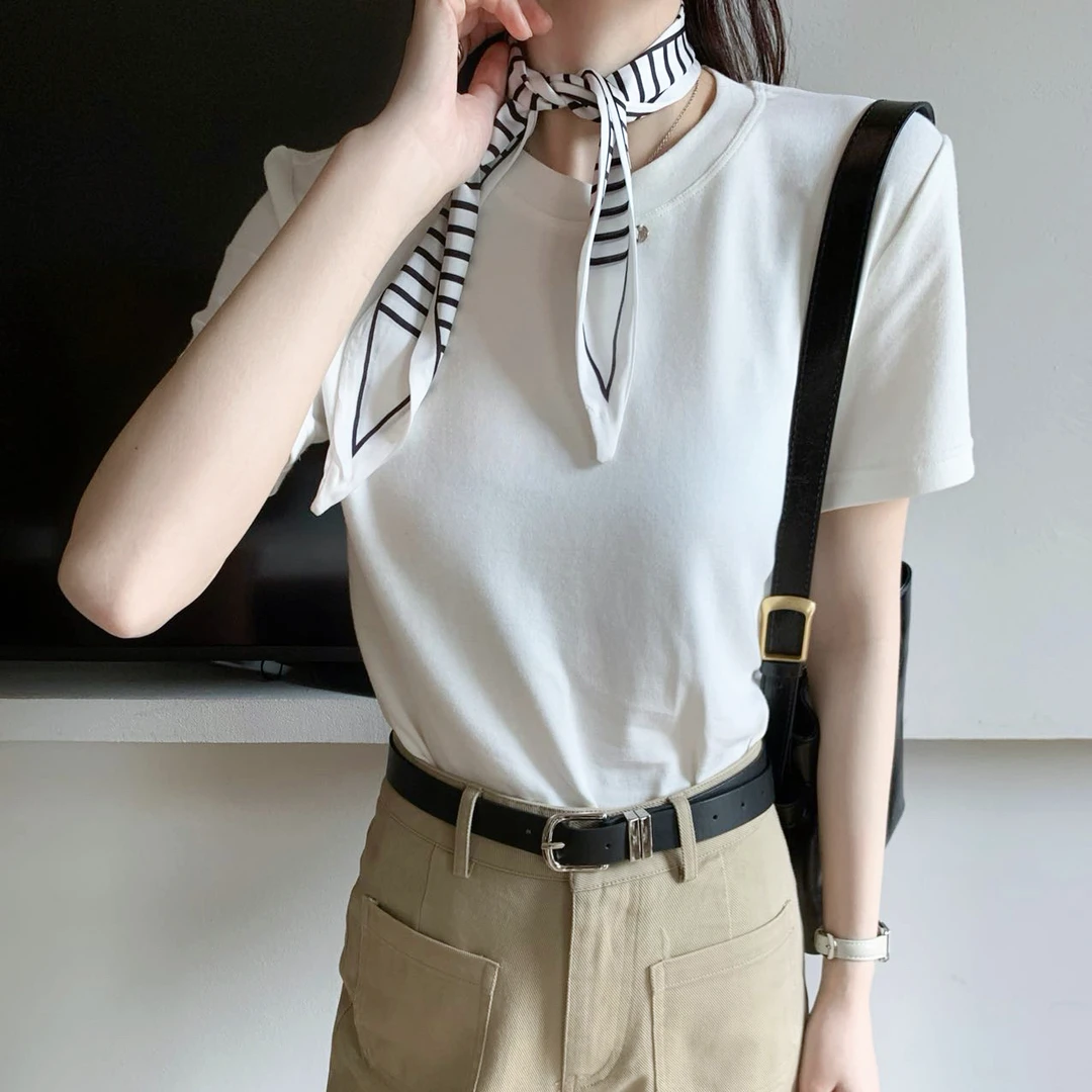 2025春夏新款短袖女宽松内搭T 恤女配丝巾设计感小个子上衣短袖女