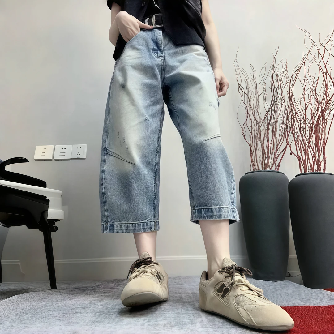 2025年秋季新款弯刀牛仔裤高腰显瘦时尚百搭大码女装宽松八分裤子