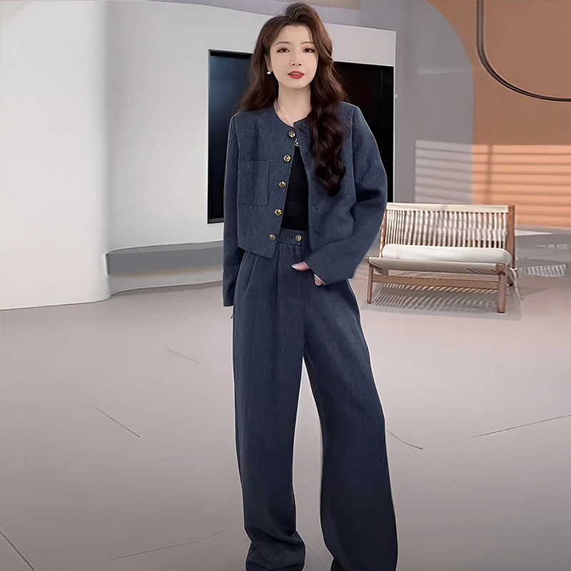春秋新款圆领短款外套阔腿裤两件套女气质短款风衣阔腿裤两件套装