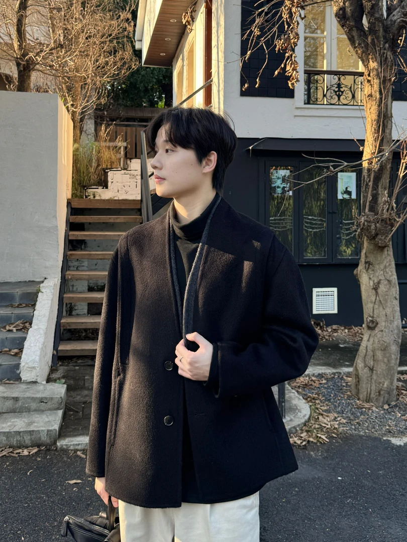 苏大恒秋冬100%羊毛复古老钱风双面呢韩版男士撞色假两件夹克外套