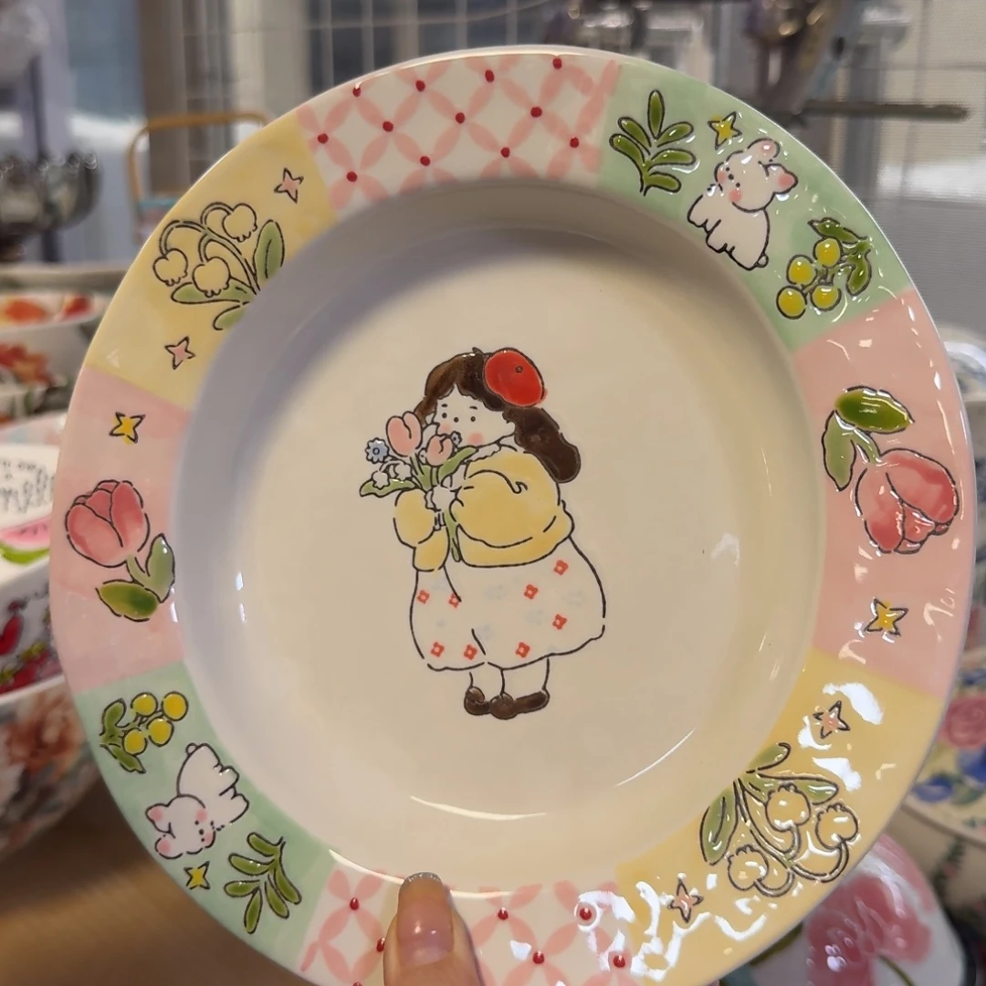 陶瓷招****?小女孩蓝莲花草帽盘一只