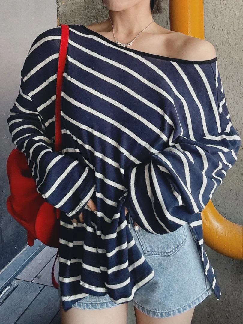 韩国东大门条纹防晒露背轻职风圆领T恤设计师长款百搭打底