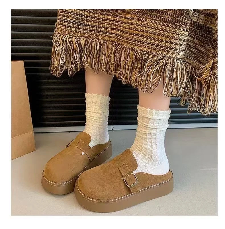 包头拖玛丽珍厚底磨砂极简风ins半拖平底英伦风夏季圆头包头