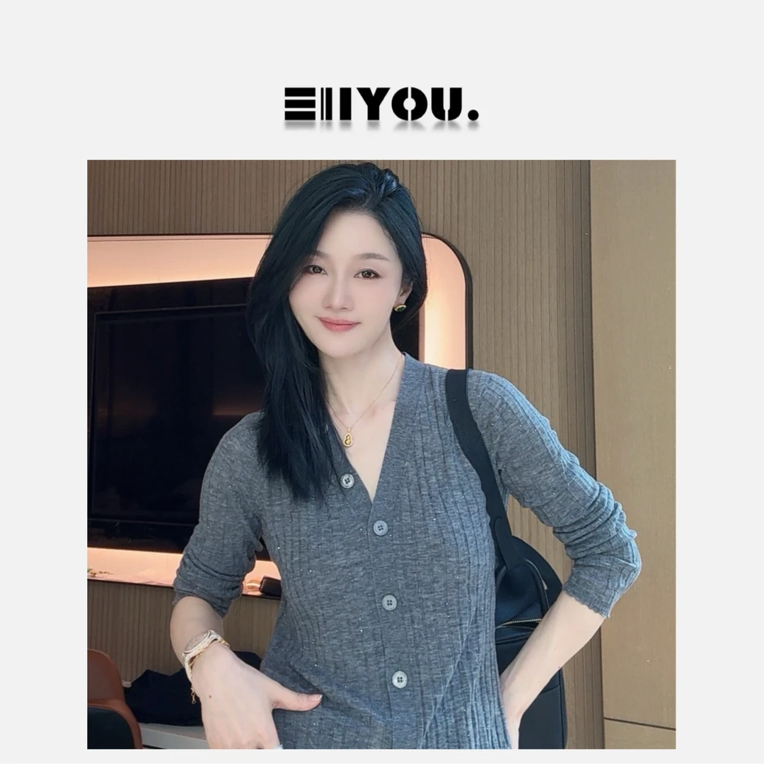 【ENYOU定制】灰色V领 坑条针织开衫