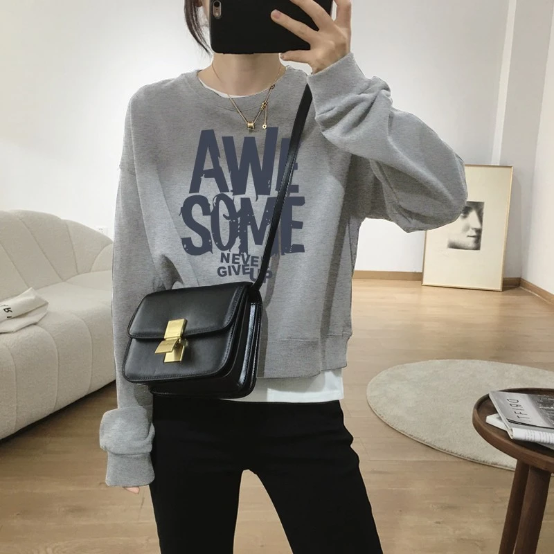 假两件圆领套头短款卫衣女加绒加厚秋冬上衣宽松小个子春秋薄款