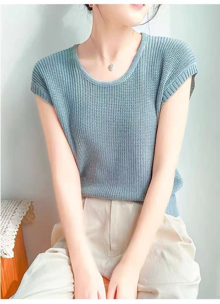 法式圆领短款冰丝针织短袖T恤女宽松竹节钩花镂空无袖上衣薄款926