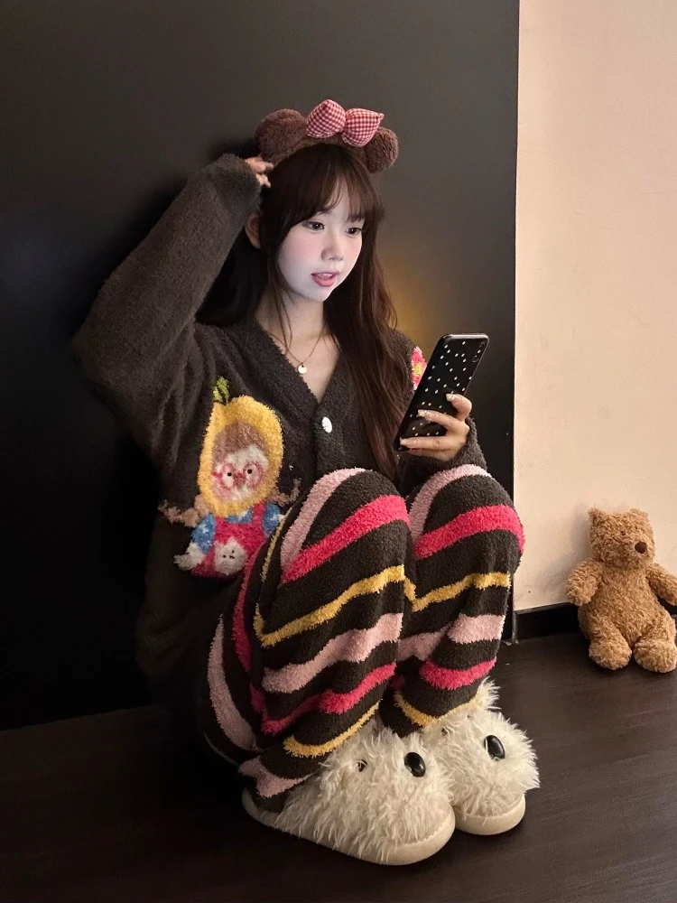 韩系慵懒风半边绒休闲开衫睡衣女冬季新款加绒加厚保暖家居服套装