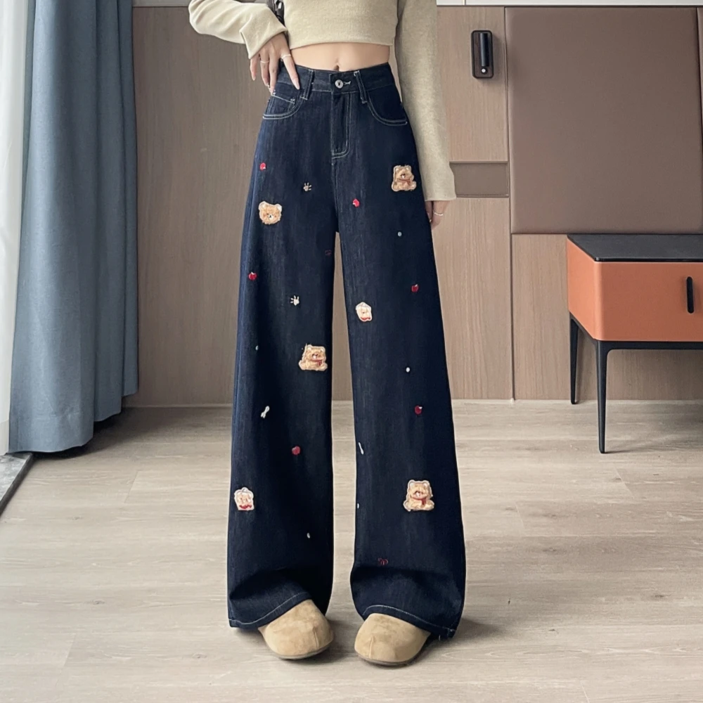 时尚新款阔腿牛仔休闲设计感秋冬季百搭阔腿直筒刺绣牛仔裤女