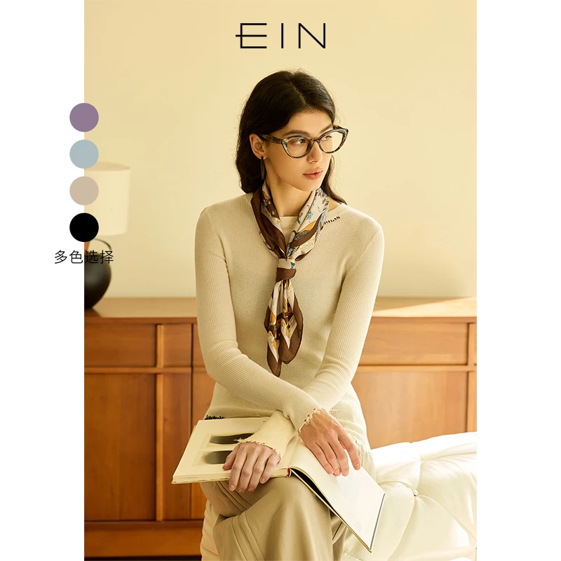 EIN/言【商场同款】舒芙蕾圆领毛边绵羊毛修身针织打底衫女装25早春