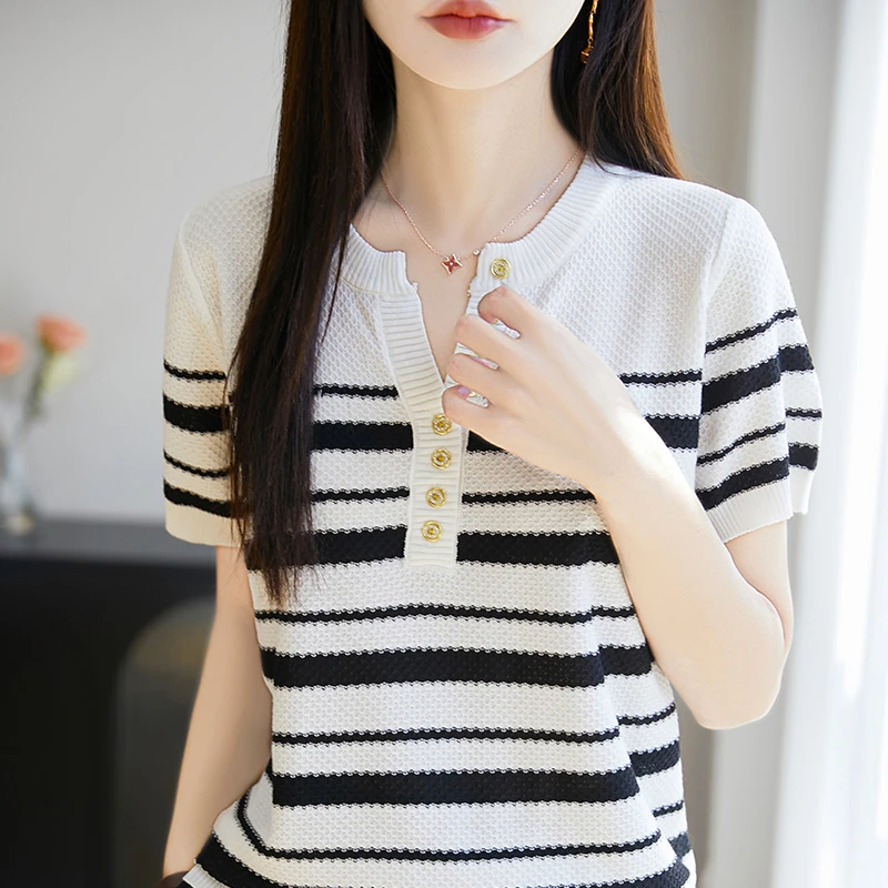 哥弟阿玛施正品女装宽松高弹针织衫夏季V领针织短袖T恤条纹显瘦