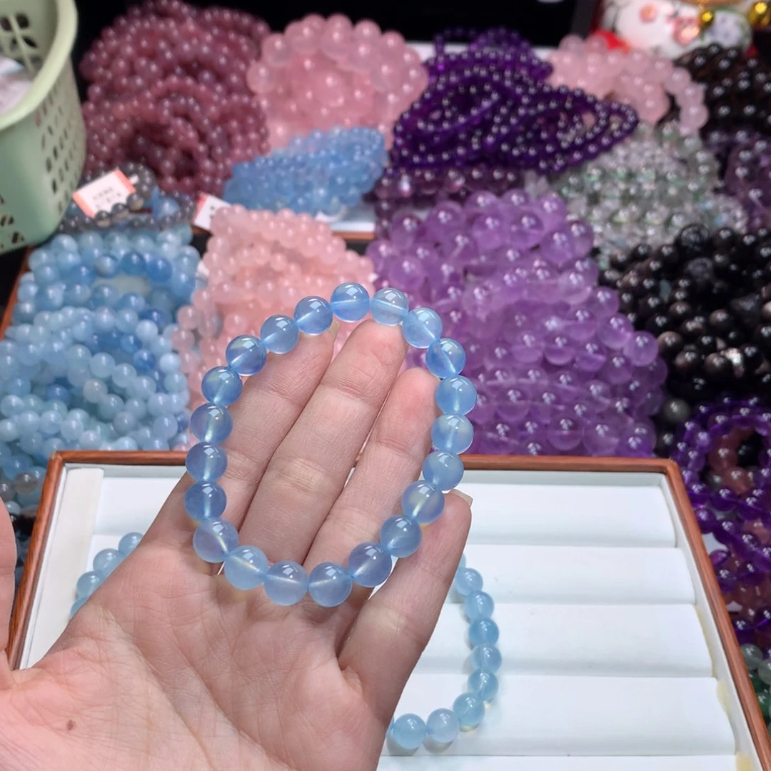 水晶手链未镶嵌甜**?拍x2高品冰川冰透体海蓝宝卡9