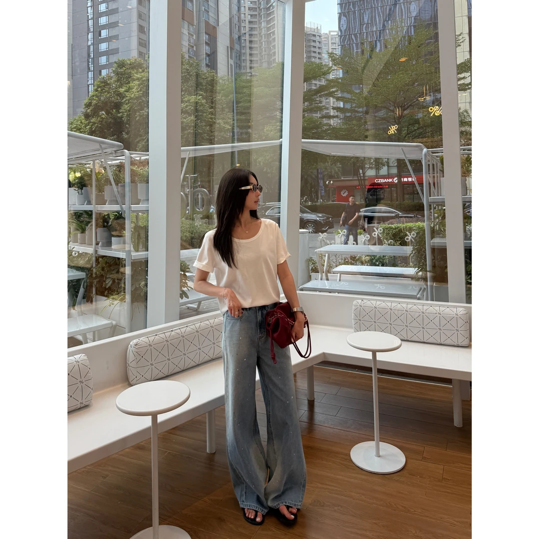 【巴布维度】“100%进口棉”设计泼墨做旧水洗百搭牛仔裤X76111A-1