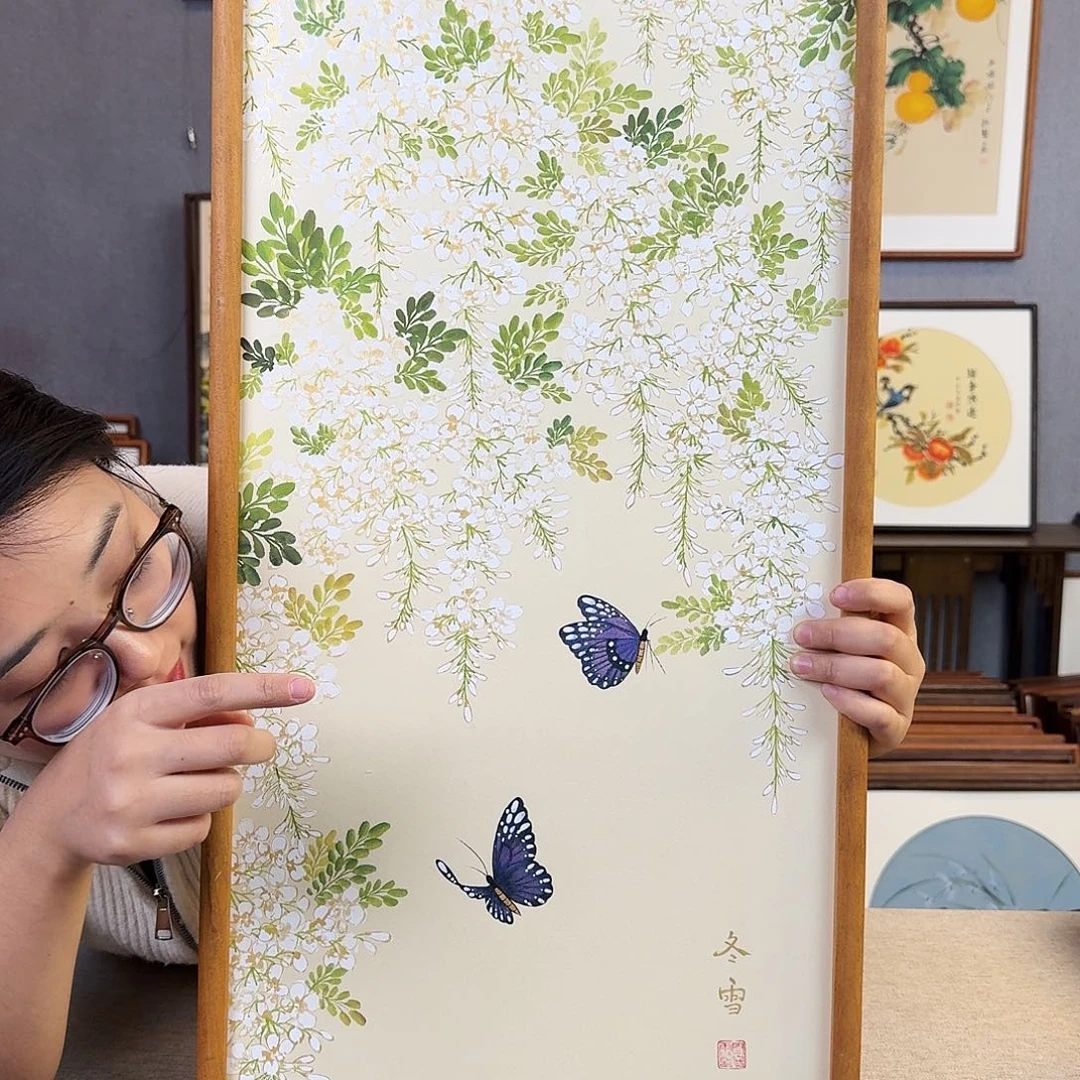 国画纯手绘，纯手写带框尺寸：36×69厘米