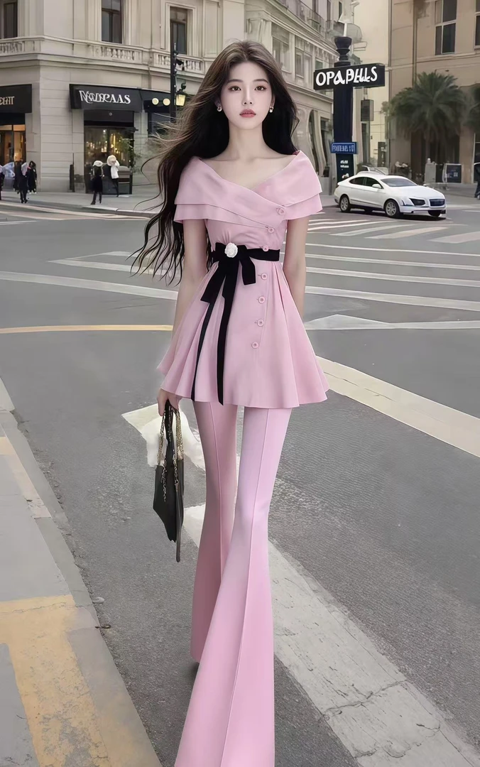 V领气质名媛小众设计感上衣修身长裤设计感显瘦时尚夏季新款个性