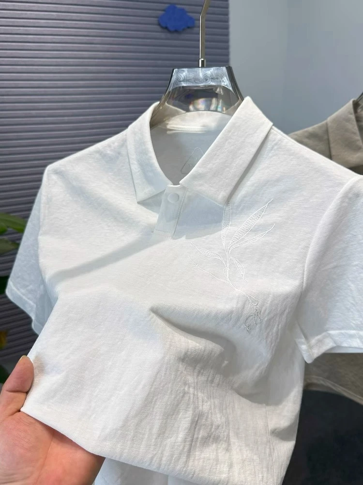 亚麻polo衫男士商务短袖老钱风夏季薄款潮流复古刺绣棉麻翻领上衣